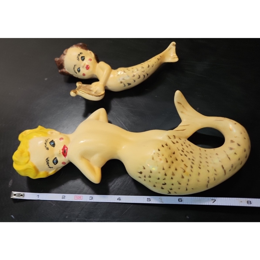 Vintage MCM Mermaid & Baby 1960s Ceramic Chalkware Beach Fantasy Wall Hangings - Picture 9 of 16